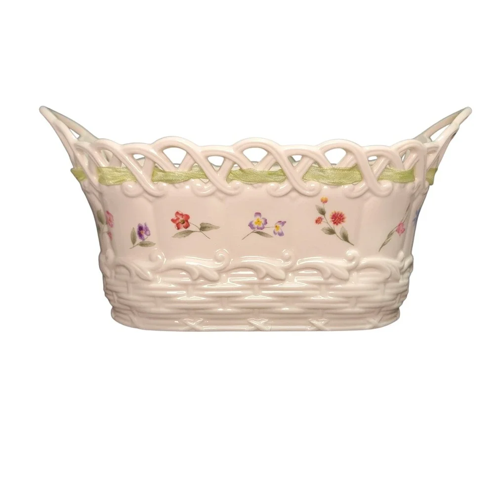 Lenox Posy Baskets‎ Cream Floral Design Green Ribbon 9.5